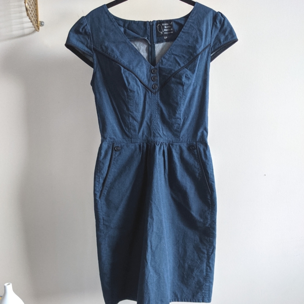 Birds of North America denim-blue dress, made in Canada